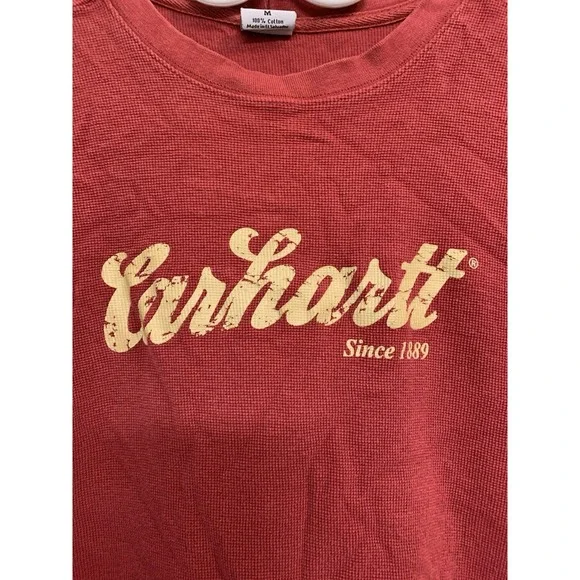 Vintage 2011 Carhartt Script Logo Thermal Waffle Knit Top Red M - Picture 2 of 9
